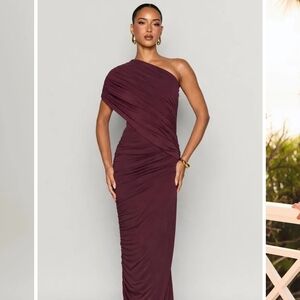 Asymmetric One-Shoulder Ruched Gown - Burgundy